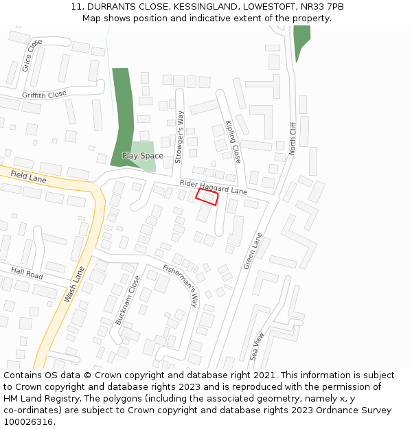 11, DURRANTS CLOSE, KESSINGLAND, LOWESTOFT, NR33 7PB: Location map and indicative extent of plot