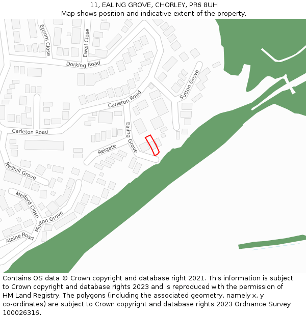 11, EALING GROVE, CHORLEY, PR6 8UH: Location map and indicative extent of plot