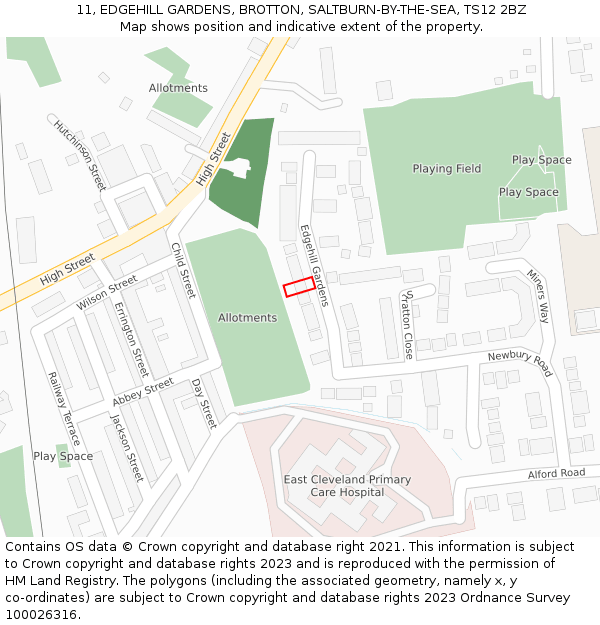 11, EDGEHILL GARDENS, BROTTON, SALTBURN-BY-THE-SEA, TS12 2BZ: Location map and indicative extent of plot