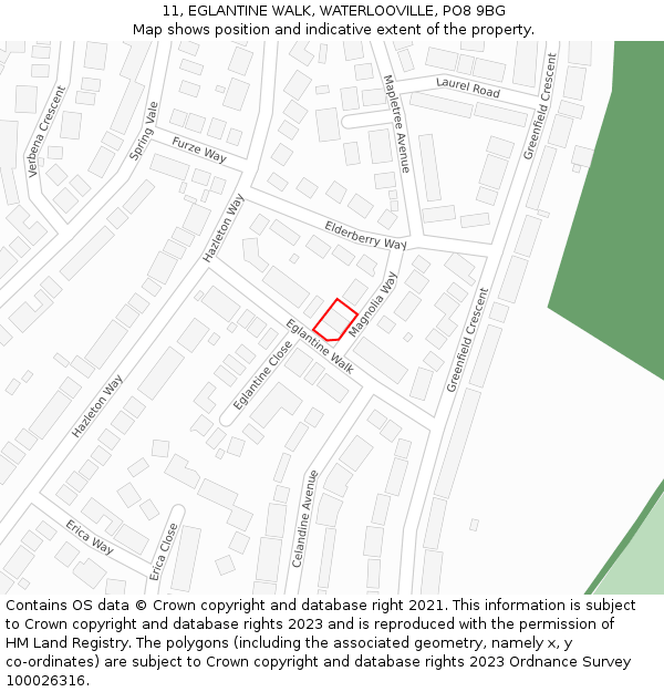 11, EGLANTINE WALK, WATERLOOVILLE, PO8 9BG: Location map and indicative extent of plot
