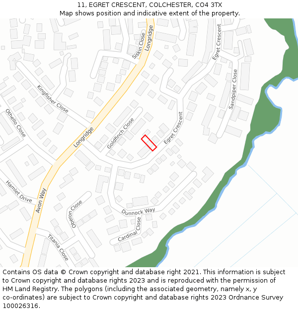 11, EGRET CRESCENT, COLCHESTER, CO4 3TX: Location map and indicative extent of plot