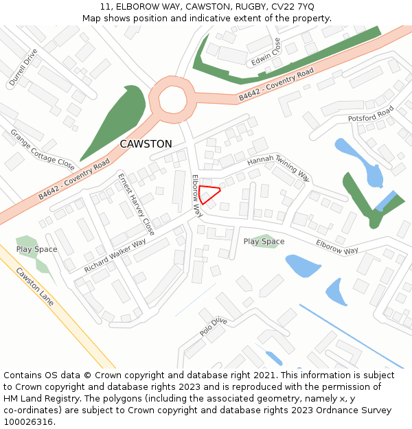 11, ELBOROW WAY, CAWSTON, RUGBY, CV22 7YQ: Location map and indicative extent of plot