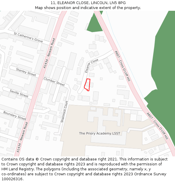 11, ELEANOR CLOSE, LINCOLN, LN5 8PG: Location map and indicative extent of plot