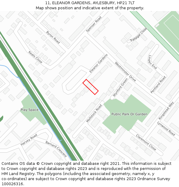 11, ELEANOR GARDENS, AYLESBURY, HP21 7LT: Location map and indicative extent of plot