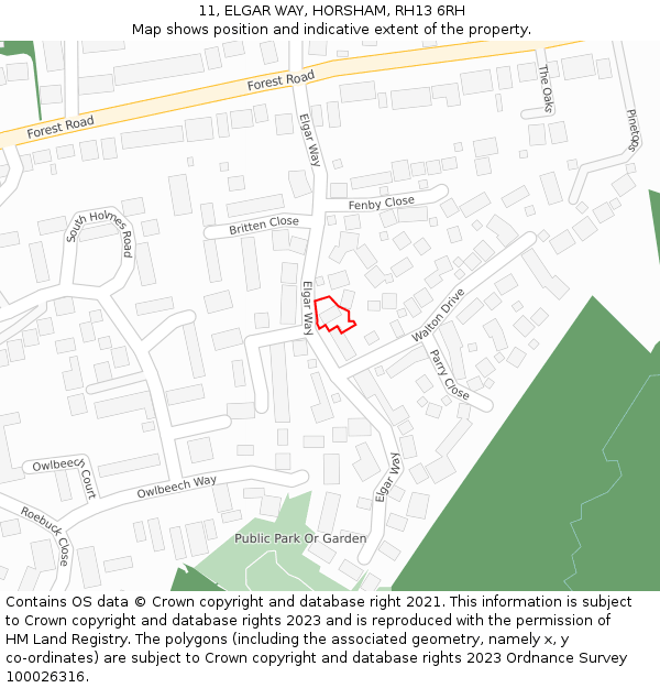 11, ELGAR WAY, HORSHAM, RH13 6RH: Location map and indicative extent of plot