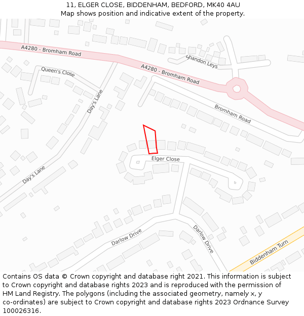 11, ELGER CLOSE, BIDDENHAM, BEDFORD, MK40 4AU: Location map and indicative extent of plot