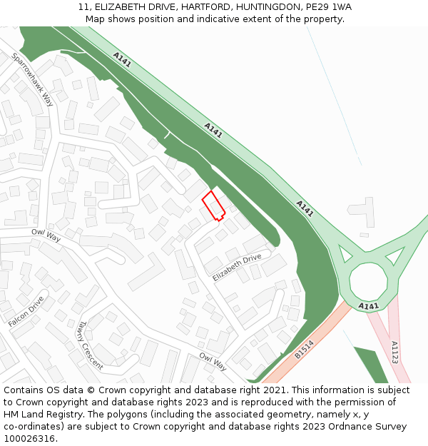11, ELIZABETH DRIVE, HARTFORD, HUNTINGDON, PE29 1WA: Location map and indicative extent of plot