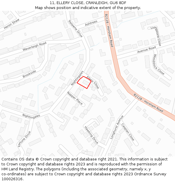 11, ELLERY CLOSE, CRANLEIGH, GU6 8DF: Location map and indicative extent of plot