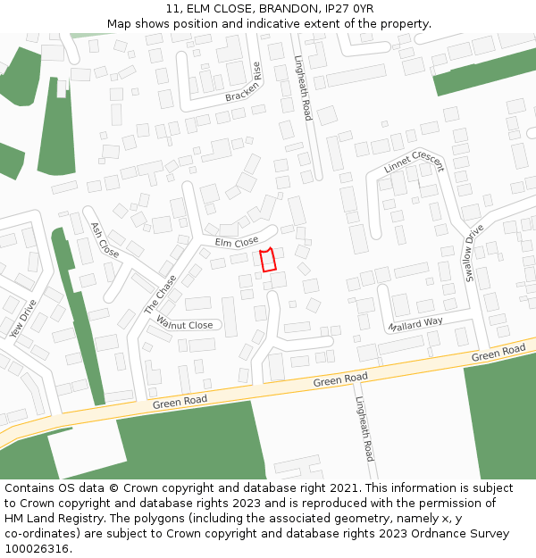 11, ELM CLOSE, BRANDON, IP27 0YR: Location map and indicative extent of plot