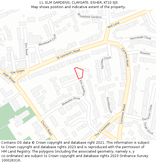 11, ELM GARDENS, CLAYGATE, ESHER, KT10 0JS: Location map and indicative extent of plot