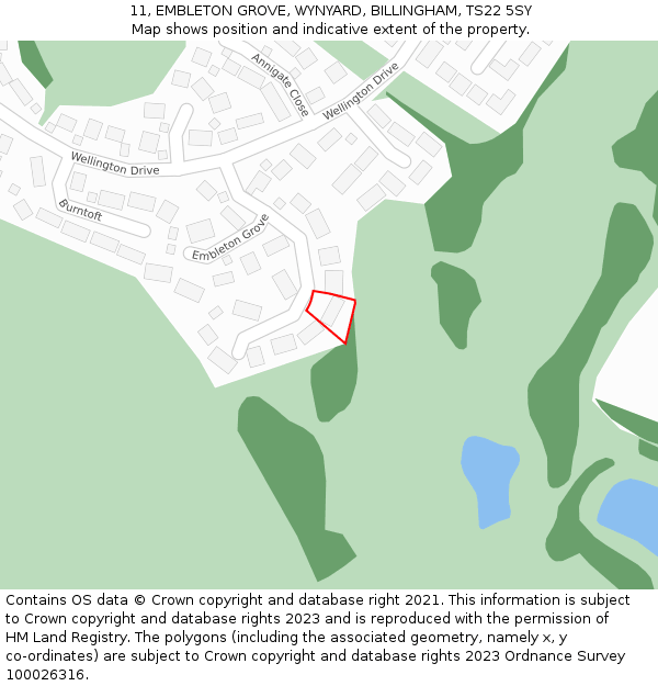 11, EMBLETON GROVE, WYNYARD, BILLINGHAM, TS22 5SY: Location map and indicative extent of plot
