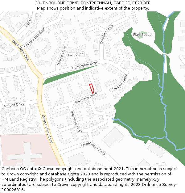 11, ENBOURNE DRIVE, PONTPRENNAU, CARDIFF, CF23 8FP: Location map and indicative extent of plot