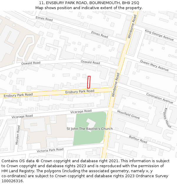 11, ENSBURY PARK ROAD, BOURNEMOUTH, BH9 2SQ: Location map and indicative extent of plot