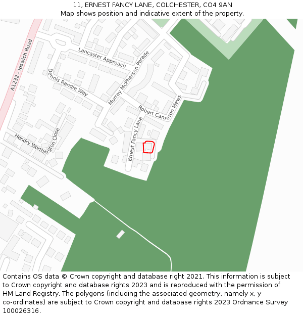 11, ERNEST FANCY LANE, COLCHESTER, CO4 9AN: Location map and indicative extent of plot