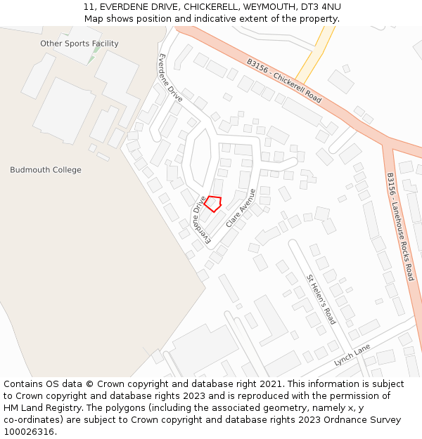 11, EVERDENE DRIVE, CHICKERELL, WEYMOUTH, DT3 4NU: Location map and indicative extent of plot