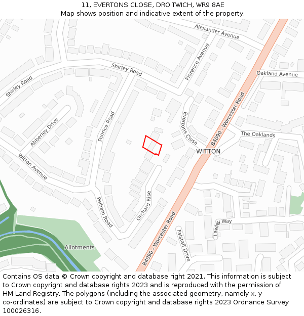 11, EVERTONS CLOSE, DROITWICH, WR9 8AE: Location map and indicative extent of plot