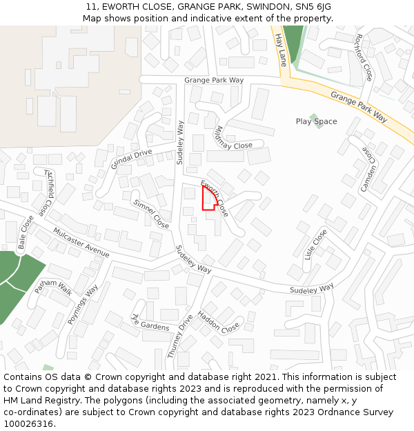 11, EWORTH CLOSE, GRANGE PARK, SWINDON, SN5 6JG: Location map and indicative extent of plot