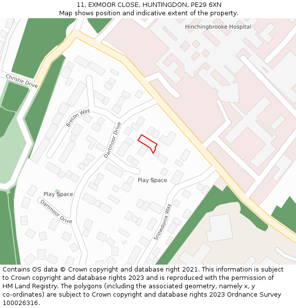 11, EXMOOR CLOSE, HUNTINGDON, PE29 6XN: Location map and indicative extent of plot
