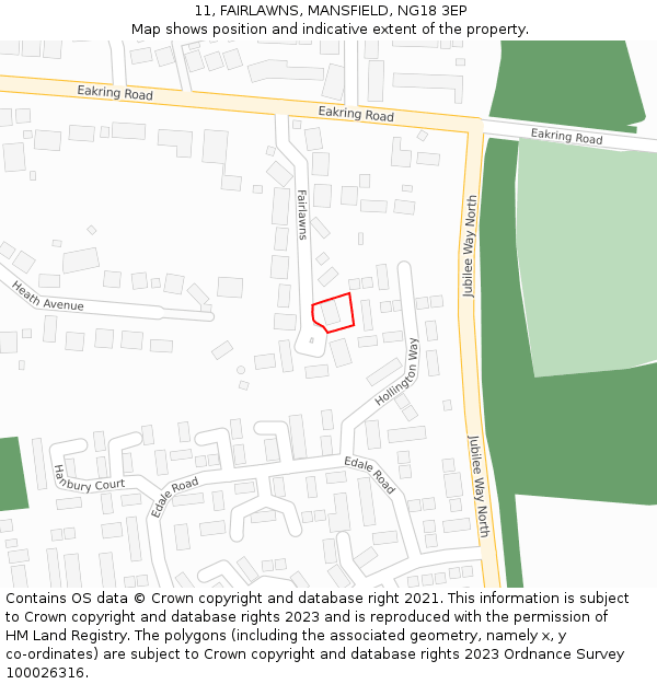 11, FAIRLAWNS, MANSFIELD, NG18 3EP: Location map and indicative extent of plot