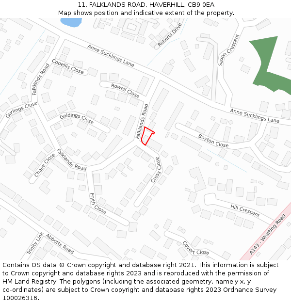 11, FALKLANDS ROAD, HAVERHILL, CB9 0EA: Location map and indicative extent of plot