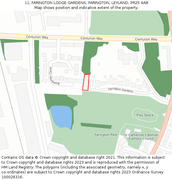 11, FARINGTON LODGE GARDENS, FARINGTON, LEYLAND, PR25 4AB: Location map and indicative extent of plot