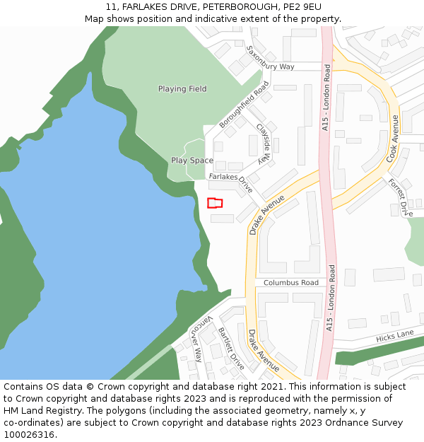 11, FARLAKES DRIVE, PETERBOROUGH, PE2 9EU: Location map and indicative extent of plot