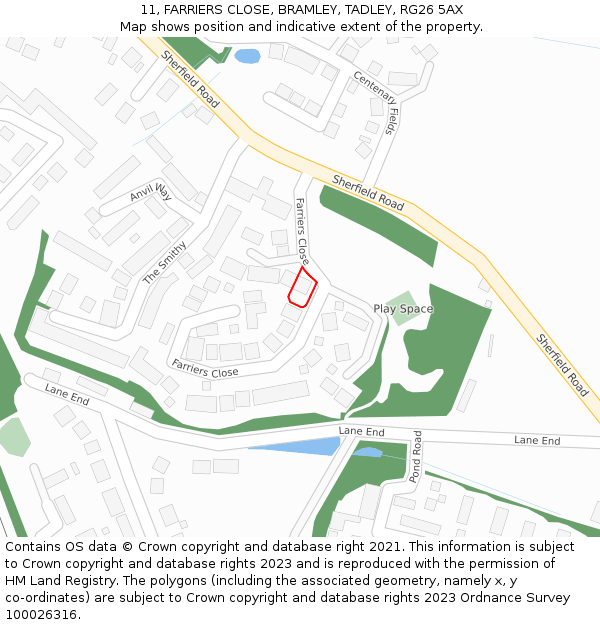 11, FARRIERS CLOSE, BRAMLEY, TADLEY, RG26 5AX: Location map and indicative extent of plot