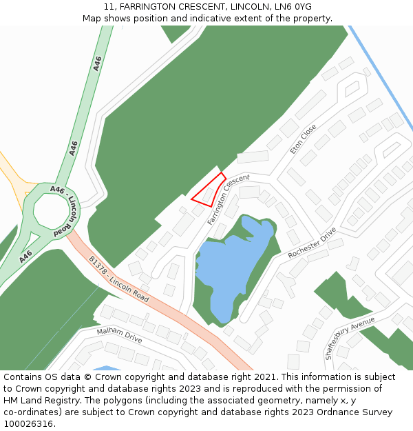 11, FARRINGTON CRESCENT, LINCOLN, LN6 0YG: Location map and indicative extent of plot