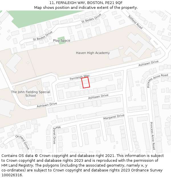 11, FERNLEIGH WAY, BOSTON, PE21 9QF: Location map and indicative extent of plot