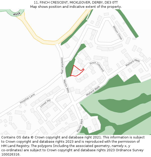 11, FINCH CRESCENT, MICKLEOVER, DERBY, DE3 0TT: Location map and indicative extent of plot