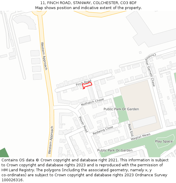 11, FINCH ROAD, STANWAY, COLCHESTER, CO3 8DF: Location map and indicative extent of plot