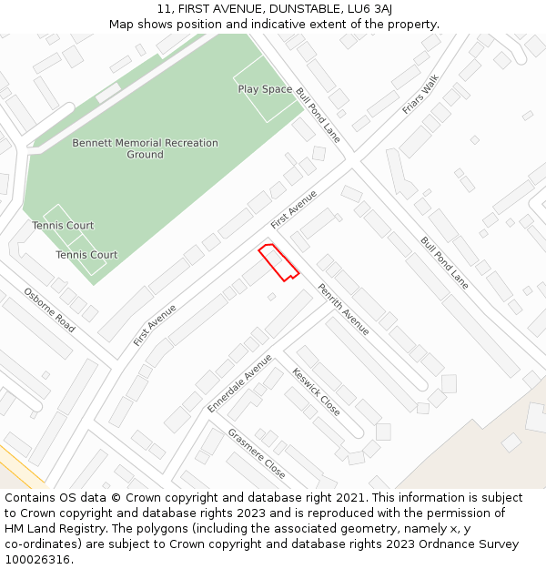 11, FIRST AVENUE, DUNSTABLE, LU6 3AJ: Location map and indicative extent of plot