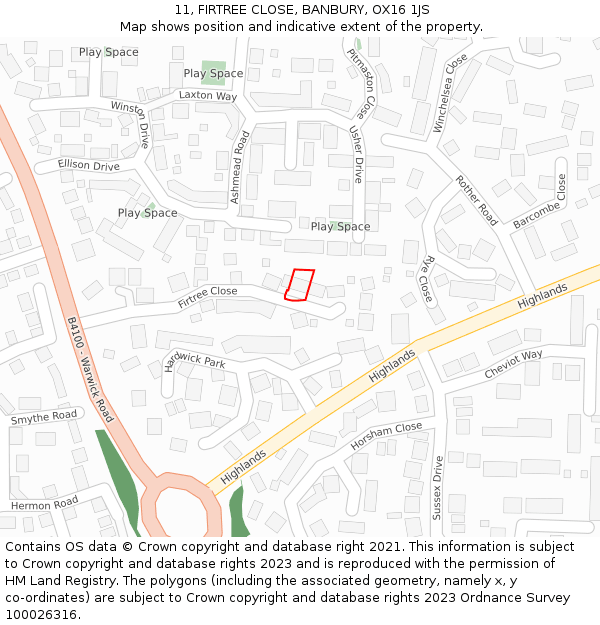11, FIRTREE CLOSE, BANBURY, OX16 1JS: Location map and indicative extent of plot