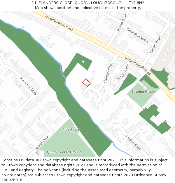 11, FLANDERS CLOSE, QUORN, LOUGHBOROUGH, LE12 8NY: Location map and indicative extent of plot