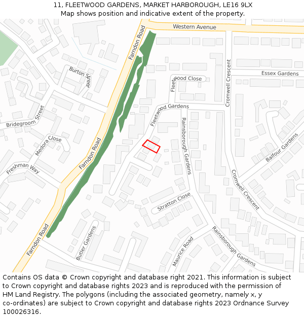 11, FLEETWOOD GARDENS, MARKET HARBOROUGH, LE16 9LX: Location map and indicative extent of plot