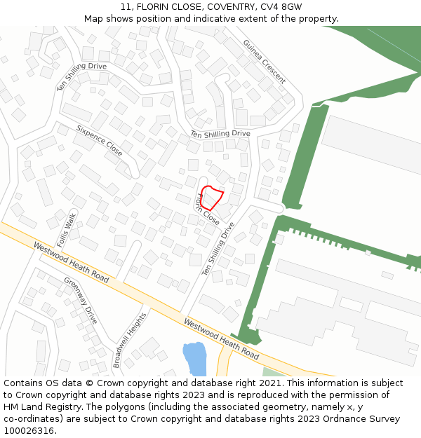 11, FLORIN CLOSE, COVENTRY, CV4 8GW: Location map and indicative extent of plot
