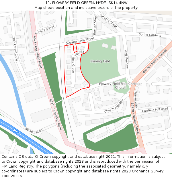 11, FLOWERY FIELD GREEN, HYDE, SK14 4NW: Location map and indicative extent of plot