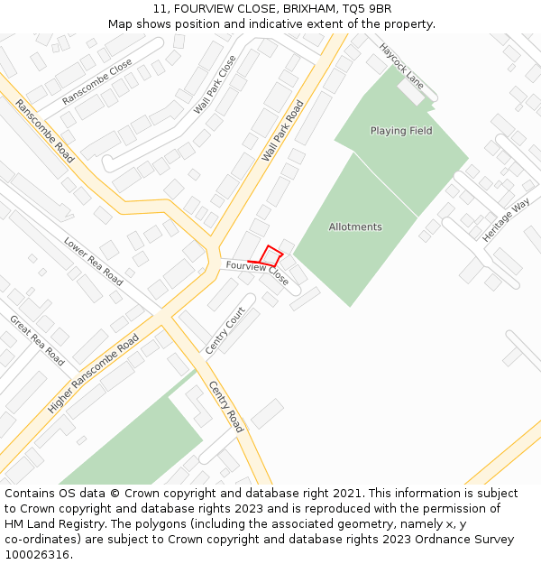 11, FOURVIEW CLOSE, BRIXHAM, TQ5 9BR: Location map and indicative extent of plot
