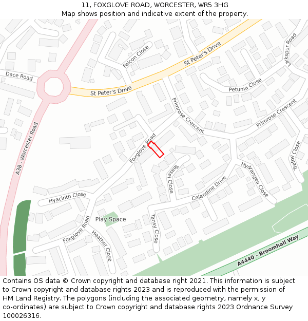 11, FOXGLOVE ROAD, WORCESTER, WR5 3HG: Location map and indicative extent of plot