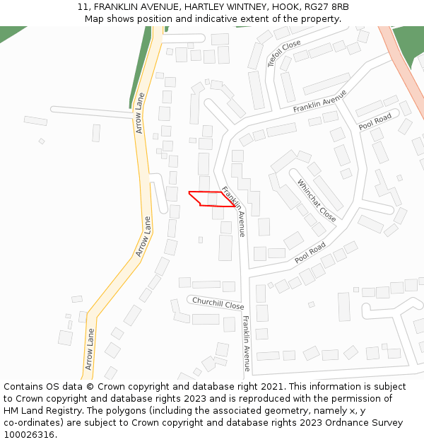 11, FRANKLIN AVENUE, HARTLEY WINTNEY, HOOK, RG27 8RB: Location map and indicative extent of plot