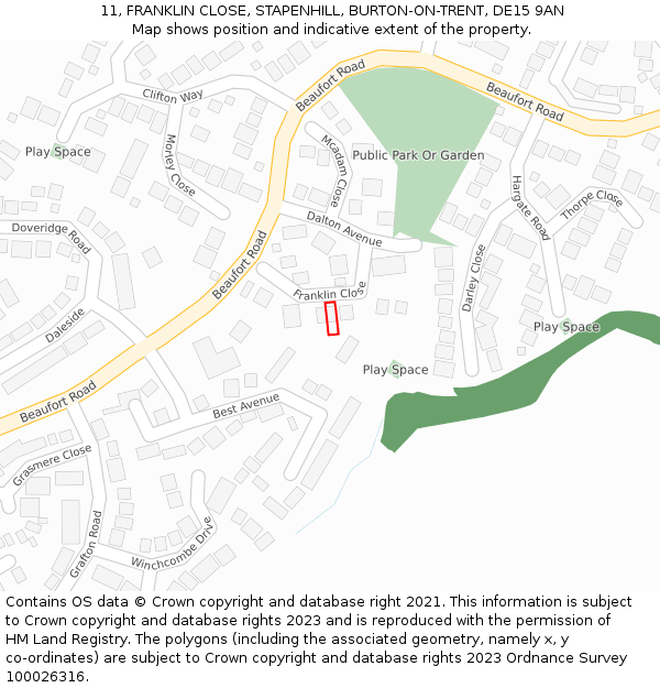 11, FRANKLIN CLOSE, STAPENHILL, BURTON-ON-TRENT, DE15 9AN: Location map and indicative extent of plot