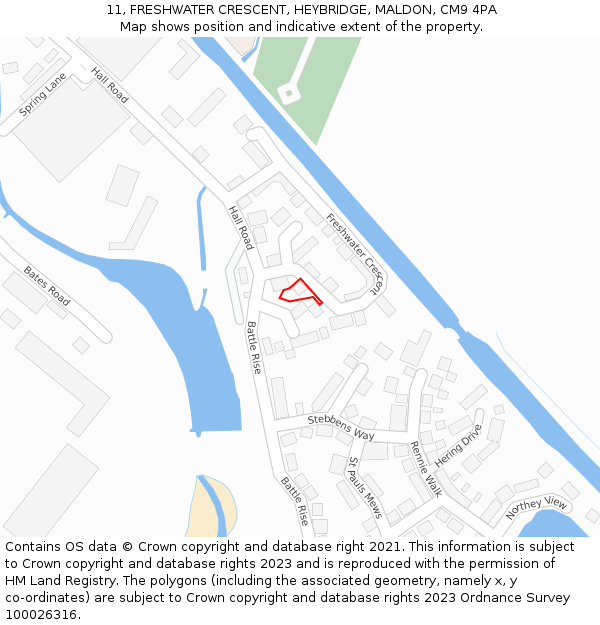 11, FRESHWATER CRESCENT, HEYBRIDGE, MALDON, CM9 4PA: Location map and indicative extent of plot