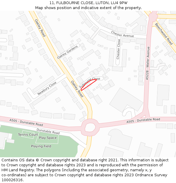 11, FULBOURNE CLOSE, LUTON, LU4 9PW: Location map and indicative extent of plot
