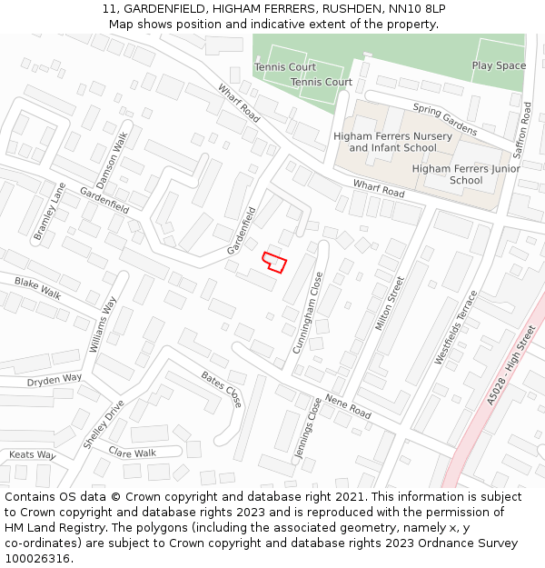 11, GARDENFIELD, HIGHAM FERRERS, RUSHDEN, NN10 8LP: Location map and indicative extent of plot