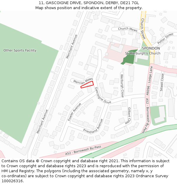 11, GASCOIGNE DRIVE, SPONDON, DERBY, DE21 7GL: Location map and indicative extent of plot