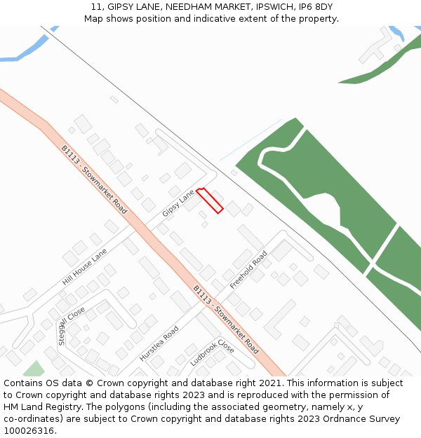 11, GIPSY LANE, NEEDHAM MARKET, IPSWICH, IP6 8DY: Location map and indicative extent of plot
