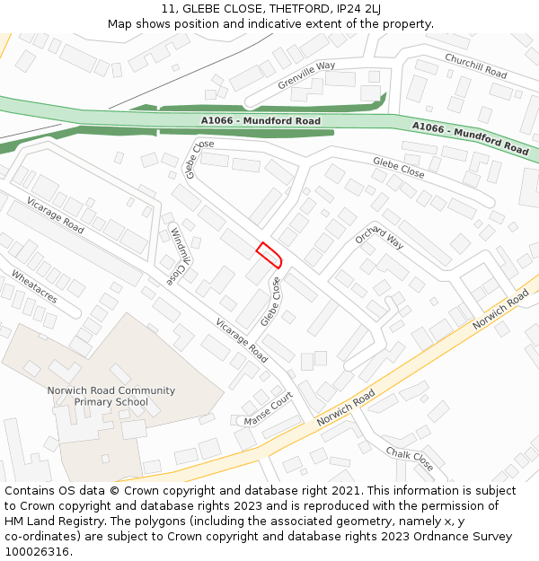 11, GLEBE CLOSE, THETFORD, IP24 2LJ: Location map and indicative extent of plot