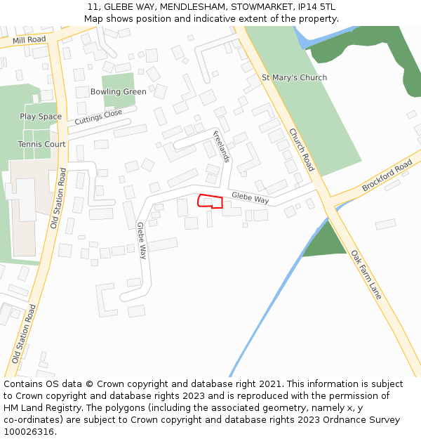 11, GLEBE WAY, MENDLESHAM, STOWMARKET, IP14 5TL: Location map and indicative extent of plot