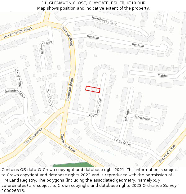 11, GLENAVON CLOSE, CLAYGATE, ESHER, KT10 0HP: Location map and indicative extent of plot