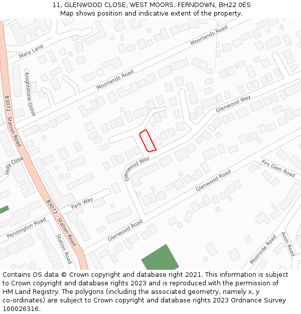 11, GLENWOOD CLOSE, WEST MOORS, FERNDOWN, BH22 0ES: Location map and indicative extent of plot